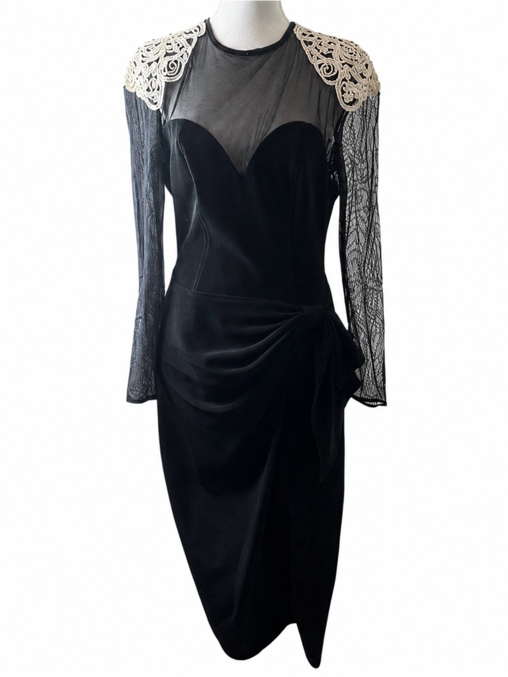 Betsy & Adam Midi Dress Womens 8 Black Sheer Sleeve Bow Draped Cocktail USA Vtg